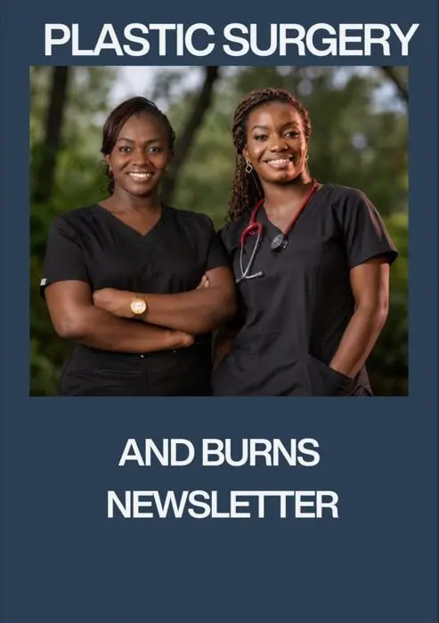 Cover of the Plastic Surgery and Burns Newsletter, 5 September 2026, showing Dr Christine Nyabuto and her sister Dr Catherine Nyabuto in black surgical scrubs